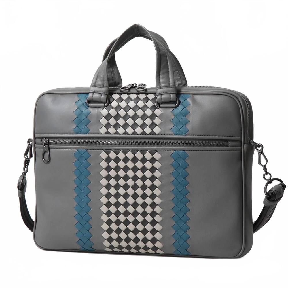 NEW BOTTEGA VENETA unisex - classic woven lambskin two-way briefcase in grey
